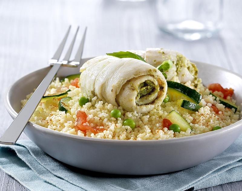 Recette Poisson au pesto et son couscous aux petits légumes en