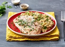 Escalope de veau à la crème de cerfeuil, orzo