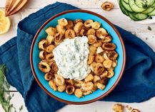 ENCORNETS FRITS, AUBERGINES, TZATZIKI