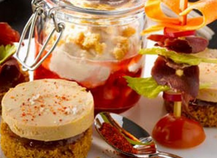 Verrines émulsion Foie Gras magret fraises, tapas de Foie Gras, tatins de Foie Gras aux fruits frais