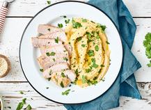 RÔTI DE VEAU, PURÉE DE POIS CHICHES AU SÉSAME