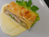 Strudel de poisson au lard, sauce crème au genièvre