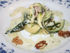 Ecrasée de pommes de terre aux spaghetti de courgettes aux champignons et à la crème de roquefort