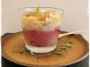 Verrine mousse de betterave, mousse d'ail au chutney de figues, melon et caramel d'ail