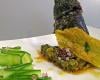 Courgette farcie au vert, fleurs en tempura