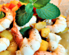 Gambas sautées, légumes crus du moment, menthe et mangue au yaourt coco