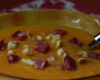 Soupe de potiron et lentilles corail, châtaignes et noix de jambon