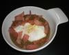 Soupe de lentilles du Puy, œuf poché et lamelles de bacon