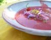 Soupe de fraises, frozen Philadelphia et framboises