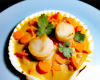 Coquille Saint-Jacques dans sa coquille, huile de curry et carottes fondantes