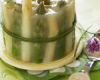 Rillette de morue aux topinambours, en charlotte d'asperges et pamplemousses