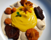 Confit de topinambour, crème et mousse de potimarron, mouillette de jaune doux à la truffe