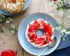 Bagel ricotta, fraises, pointe de menthe et coulis de framboises