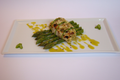 Filet de julienne en croute d'amandes, asperges vertes, beurre d'orange et fleur de sel au cacao