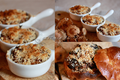 Compotée de lapin aux mousserons gratinée aux noisettes en coque de brioche perdue