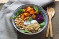 Buddha bowl patate douce, pois chiche et chou rouge