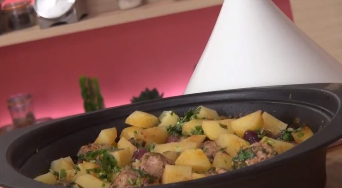 Tajine aux boulettes de viande, pommes de terre et olives