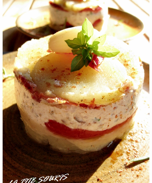 Recette Millefeuille De Pommes De Terre Tomates Confites Creme D Ail Et Creme De Sardine 750g
