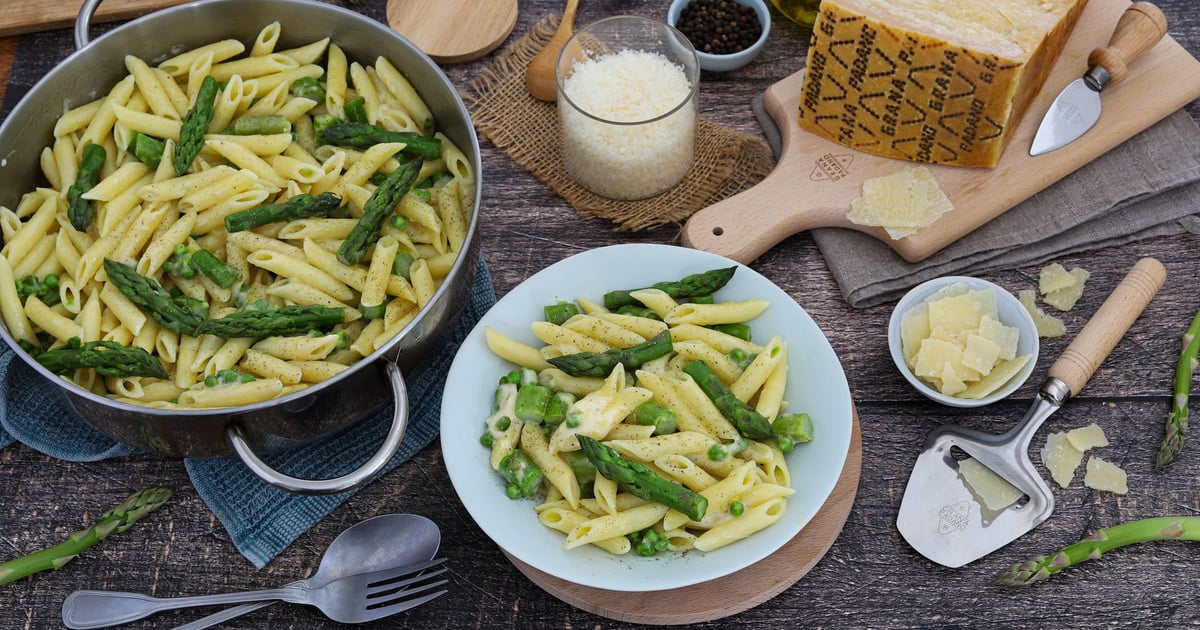 Recette Pâtes à la crème de Grana Padano AOP, asperges vertes et petits