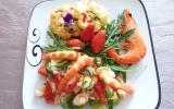 Salade crevettes, fraises, kiwis, orange, basilic et son moelleux sucré salé aux fraises