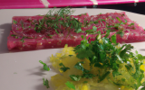 Tartare de magrets de canard fumé minute, nems de fenouil à la coriandre, vinaigrette de citron