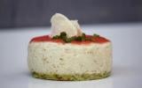 Bavarois d'aubergine  sur  biscuit pistache/parmesan, coulis minute de tomates crues