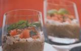 Verrine d'aubergine au chèvre frais et tomates confites