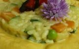 Risotto printanier sur une crème de carottes au curcuma