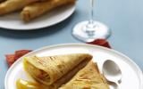 Crêpes aux poires pochées au sirop de cidre safrané