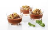 Gaspacho poivrons confits-tomates, ravioles à poêler au chèvre et crispy de coppa