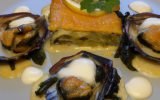 Millefeuilles de cabillaud, moules et Saint-Jacques au fromage