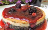 Cheesecake miroir confiture coquelicot-mûres sur galettes bretonnes