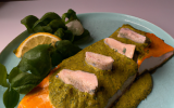 Mousseline de cabillaud au saumon et son pesto de mâche