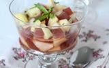 Salade de fruits frais, gelée de vin rosé vanillée, sirop au vin rosé-verveine citronnelle