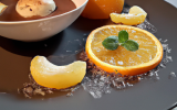 Soupe de clémentine, sa gelée d'orange mentholée et son sorbet cacao