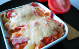 Gratin de pâtes au jambon de Bayonne ,tomates confites et mascarpone