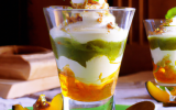 Verrine de pêches au sirop de thé vert et au fromage blanc