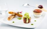 Croustillant de confit de canard, panacotta de foie gras, tartare aux 2 magrets