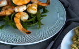 Luigine au pesto de roquette et crevettes grillées