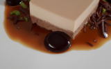 Flan de haricots blancs, crème de pruneaux et gelée chocolat