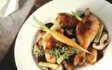 Poulet au vin rouge, aux légumes et champignons