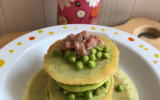 Blinis de lentilles vertes du Puy aux écrevisses, velouté de petits pois