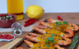 Plancha de  crevettes marinées à la moutarde ancienne Amora
