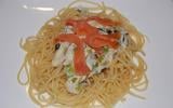 Spaghetti à la crème de poireaux et saumon fumé