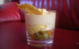 Verrine de petits légumes à l'orange avec sa chantilly de carotte et une tuile gruyère, orange