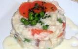 Risotto au poulet petits pois carottes et cancoillotte