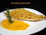 Purée de carottes au curcuma et daurade en croûte de crumble de pain au citron