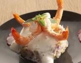 Timbale de pousses de soja et gambas, espuma de Mayonnaise au gingembre