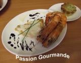 Duo de perche/gambas, sauce champagne et son flan de courgettes