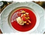 Soupe de fraises et son mascarpone à la rhubarbe